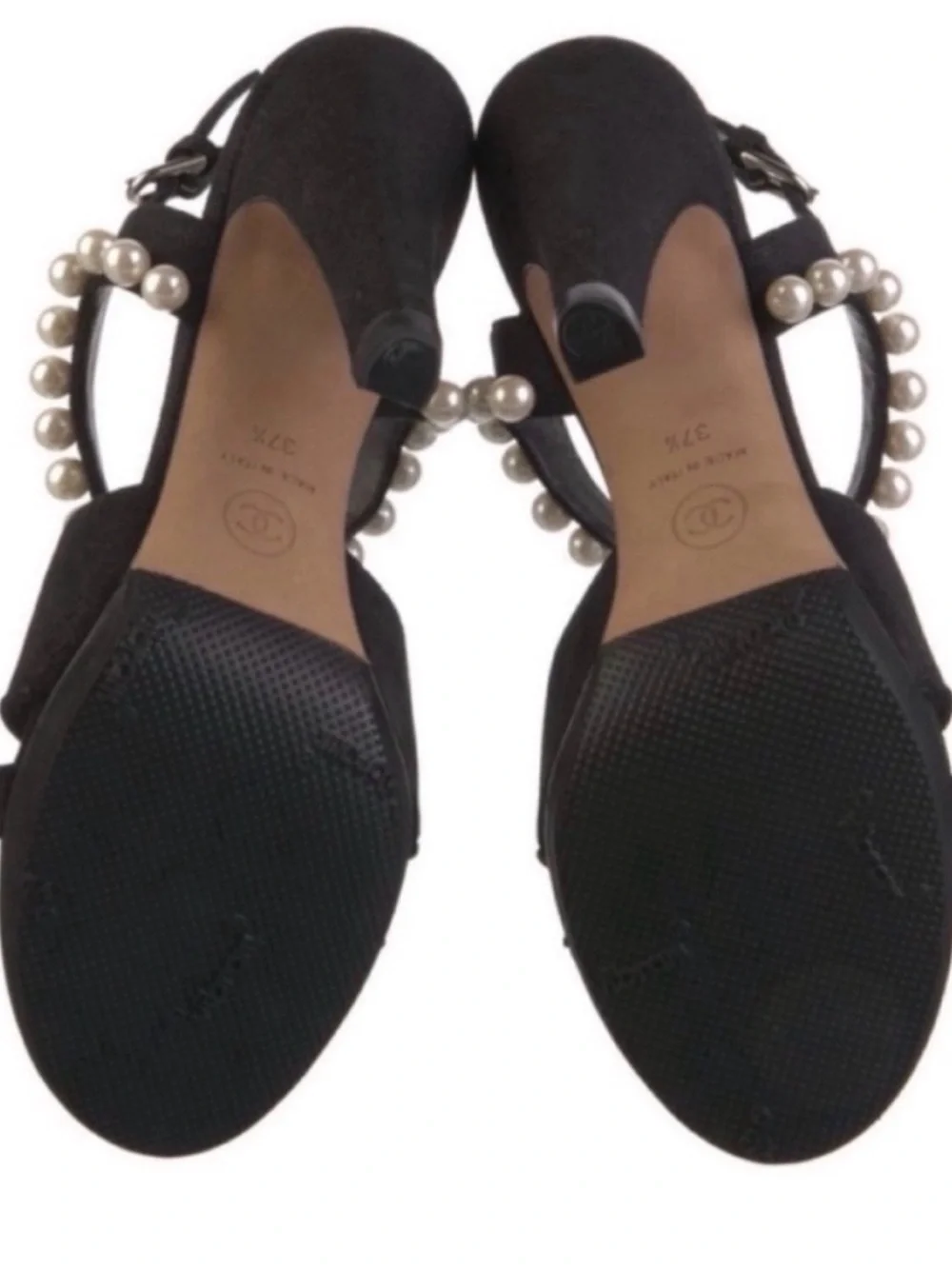 CHANEL Black Suede Faux Pearl Slingback Heeled CC Runway Sandals